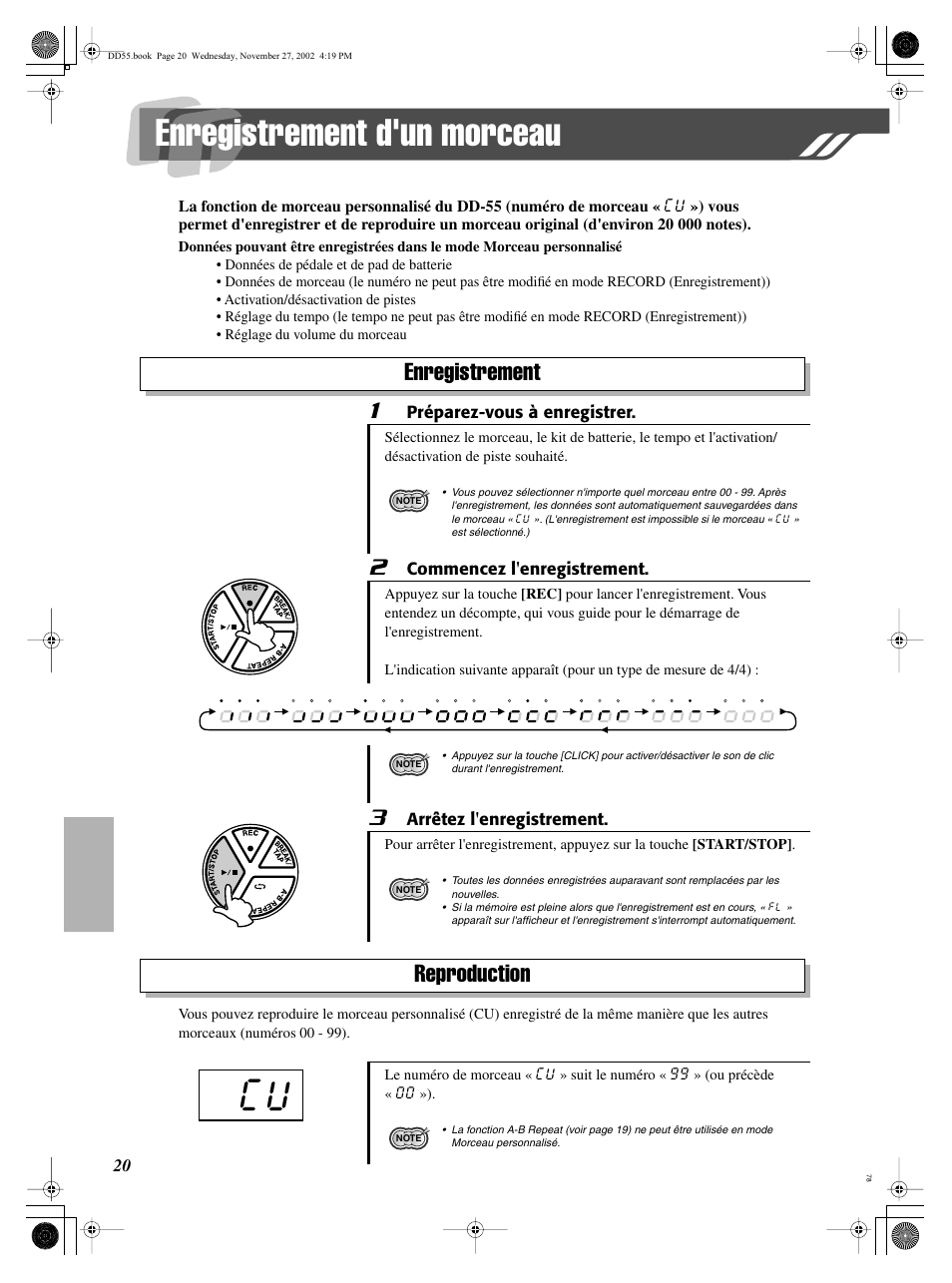 Enregistrement d'un morceau, Enregistrement, Reproduction | Yamaha DRUM PW DD-55C User Manual | Page 20 / 46