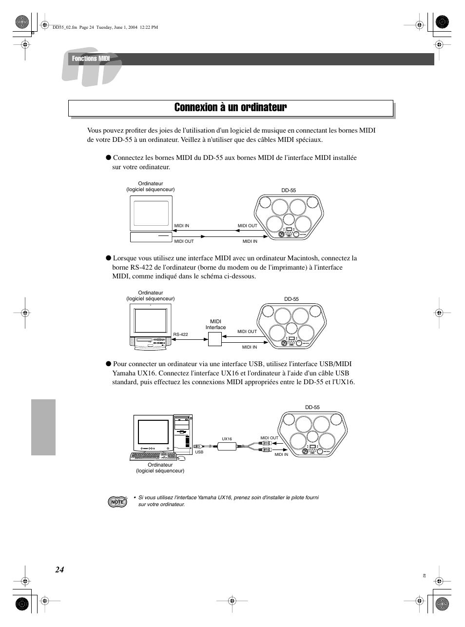 Connexion à un ordinateur | Yamaha DRUM PW DD-55C User Manual | Page 24 / 46