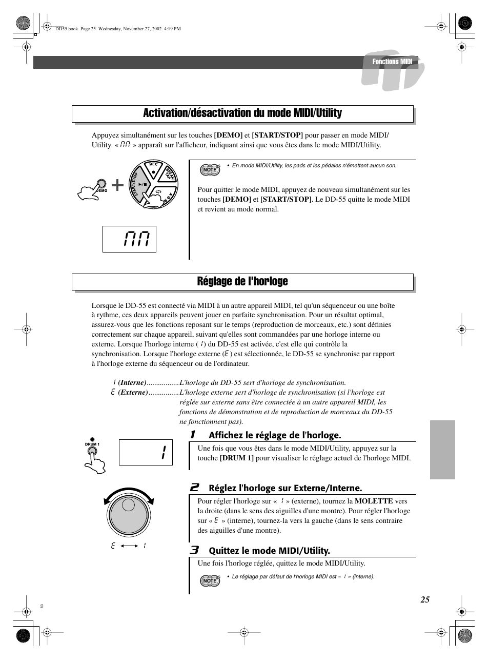 Activation/désactivation du mode midi/utility, Réglage de l'horloge | Yamaha DRUM PW DD-55C User Manual | Page 25 / 46