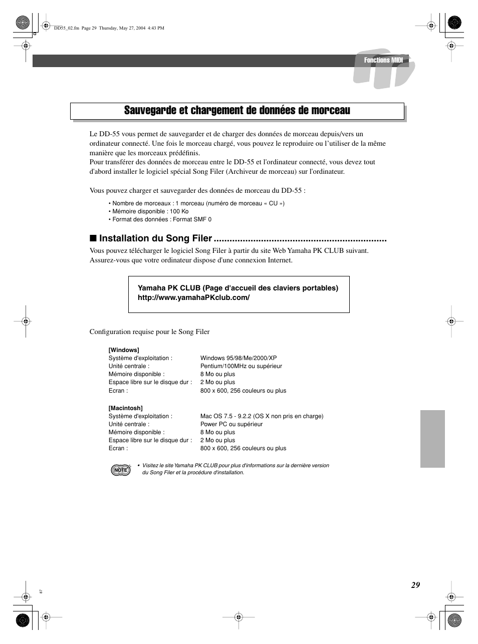 Sauvegarde et chargement de données de morceau, Installation du song filer | Yamaha DRUM PW DD-55C User Manual | Page 29 / 46