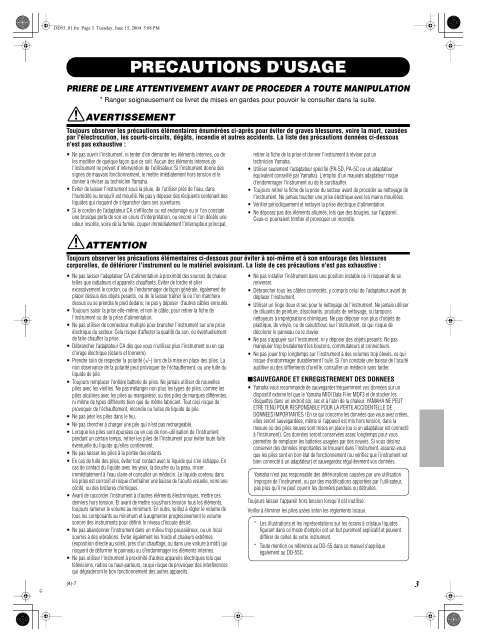 Precautions d'usage, Avertissement, Attention | Yamaha DRUM PW DD-55C User Manual | Page 3 / 46