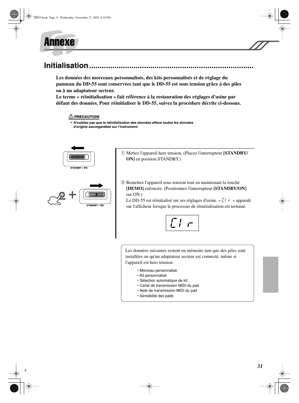 Annexe, Initialisation | Yamaha DRUM PW DD-55C User Manual | Page 31 / 46