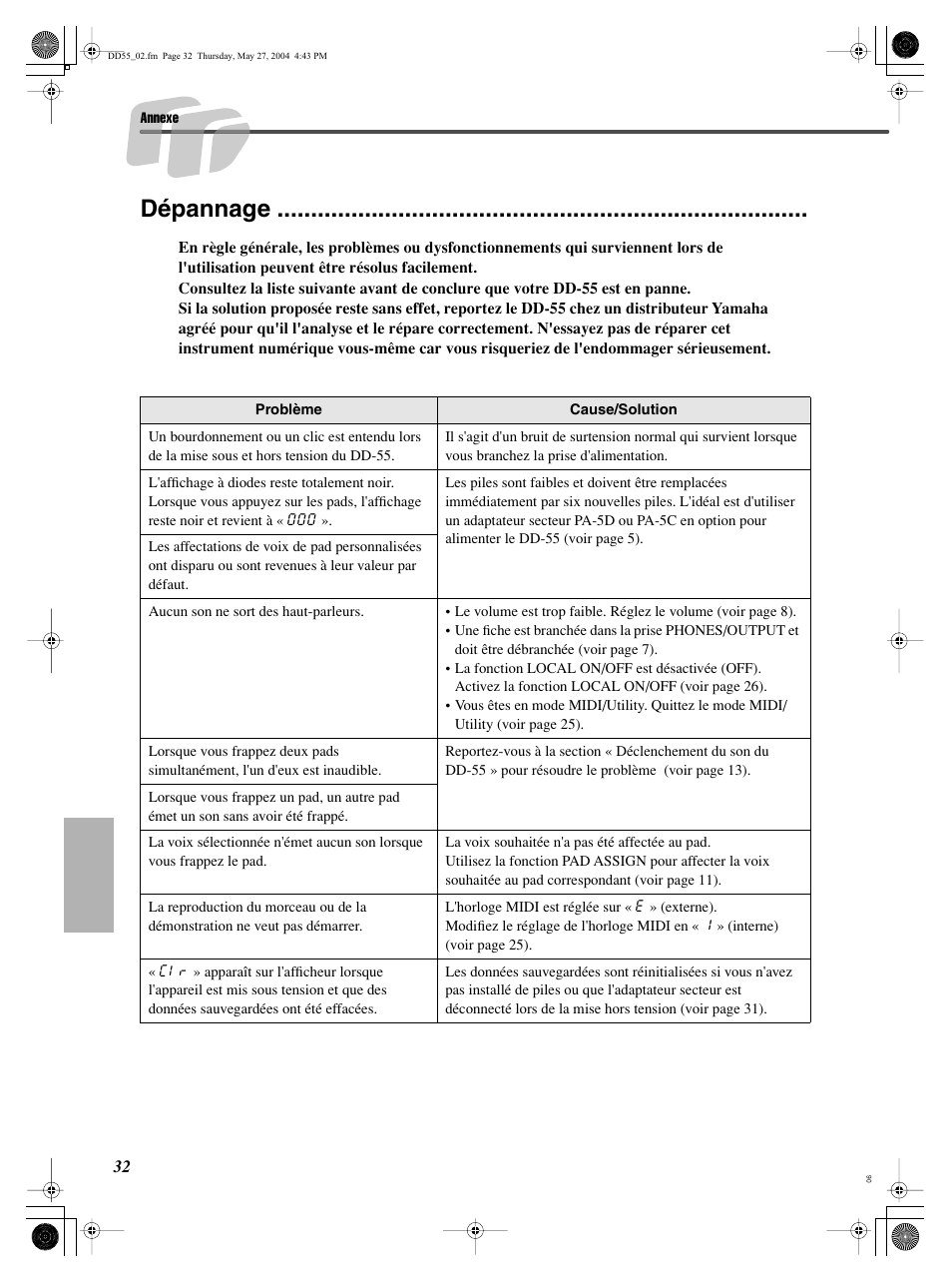 Dépannage | Yamaha DRUM PW DD-55C User Manual | Page 32 / 46