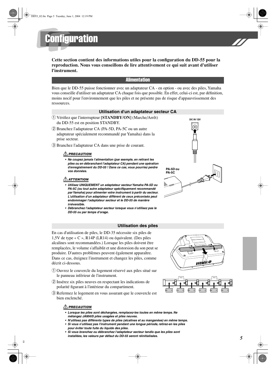 Configuration, Alimentation | Yamaha DRUM PW DD-55C User Manual | Page 5 / 46