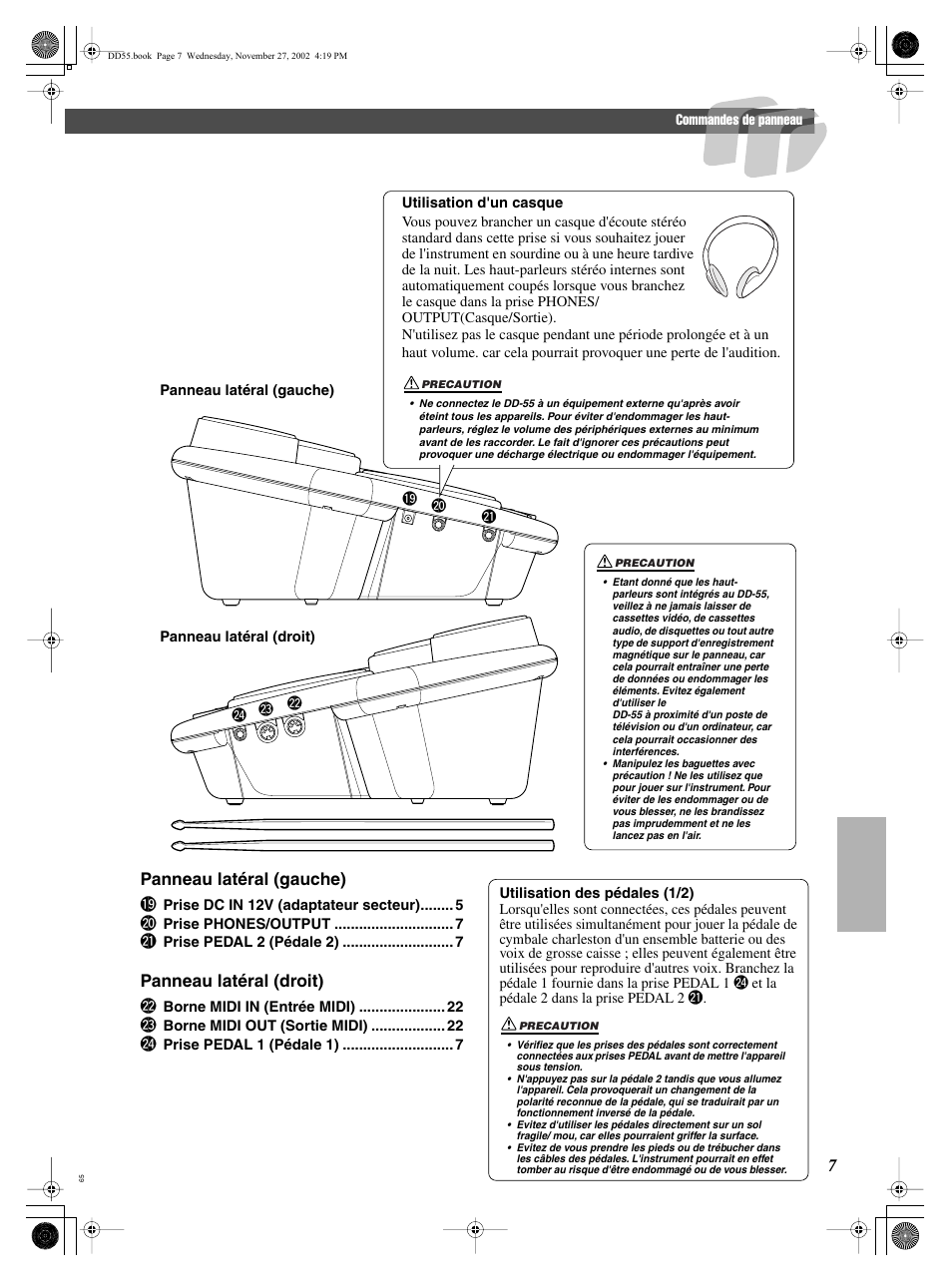 7 panneau latéral (gauche), Panneau latéral (droit) | Yamaha DRUM PW DD-55C User Manual | Page 7 / 46