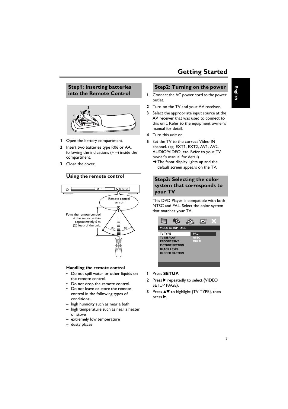 Getting started, Step1: inserting batteries into the remote control, Step2: turning on the power | Inserting batteries into the remote control, Using the remote control, Turning on the power | Yamaha DV-S5750 User Manual | Page 11 / 36