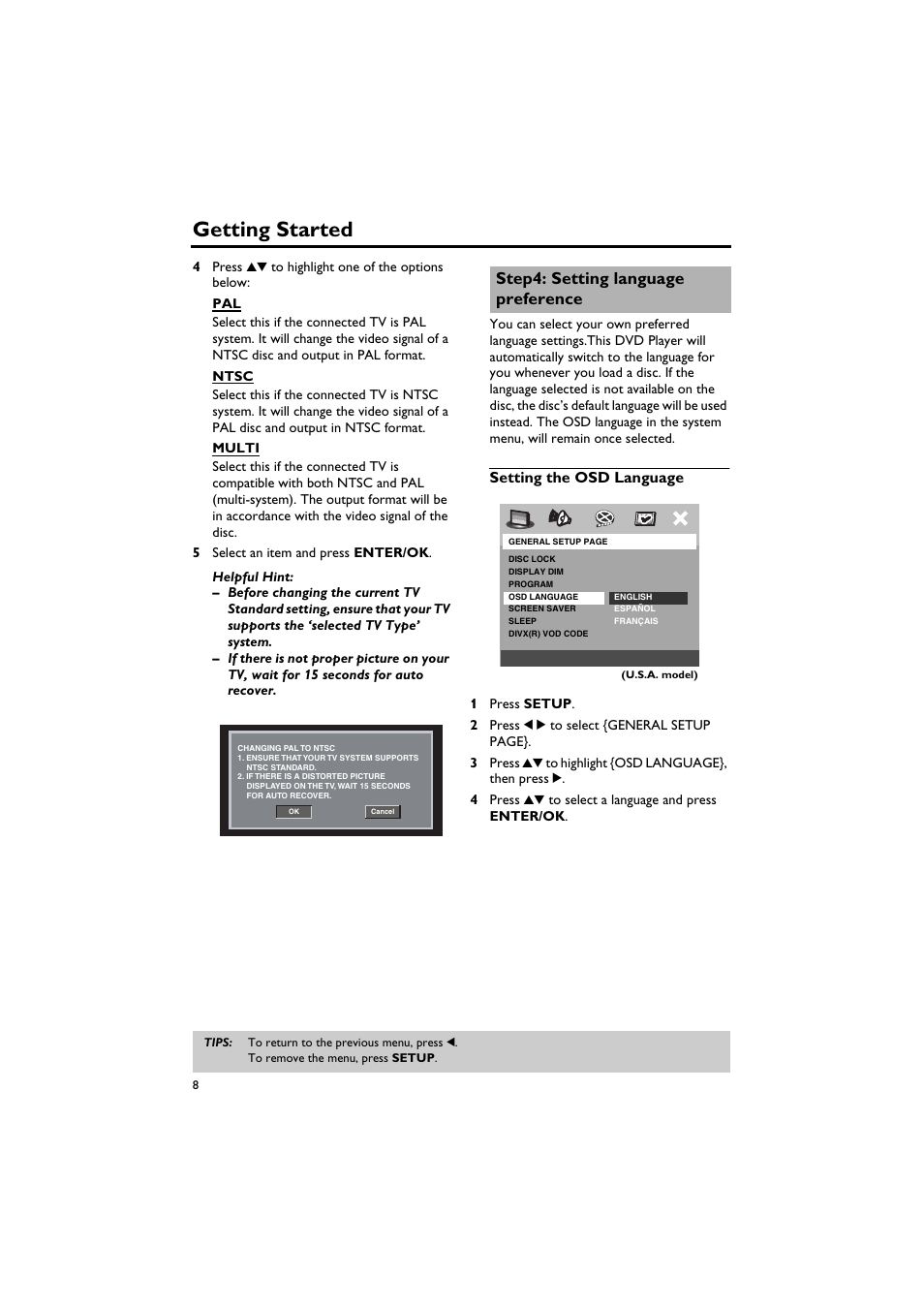 Step4: setting language preference, Setting language preference, Setting the osd language | Getting started | Yamaha DV-S5750 User Manual | Page 12 / 36