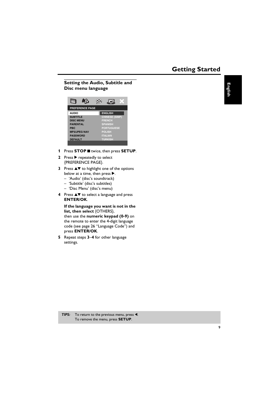 Setting the audio, subtitle and disc menu language, Getting started | Yamaha DV-S5750 User Manual | Page 13 / 36