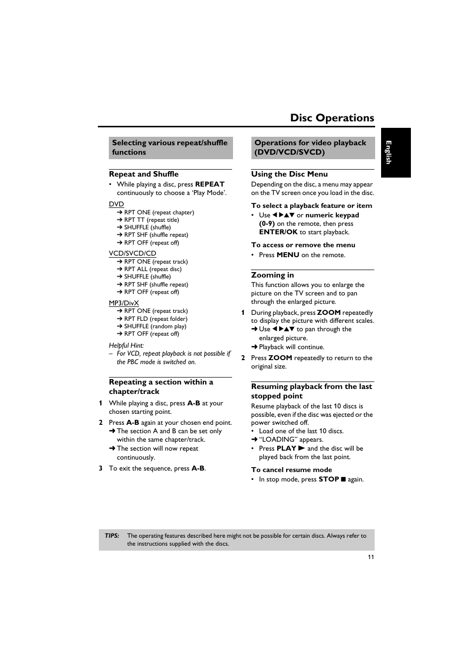 Selecting various repeat/shuffle functions, Operations for video playback (dvd/vcd/svcd), Disc operations | Yamaha DV-S5750 User Manual | Page 15 / 36