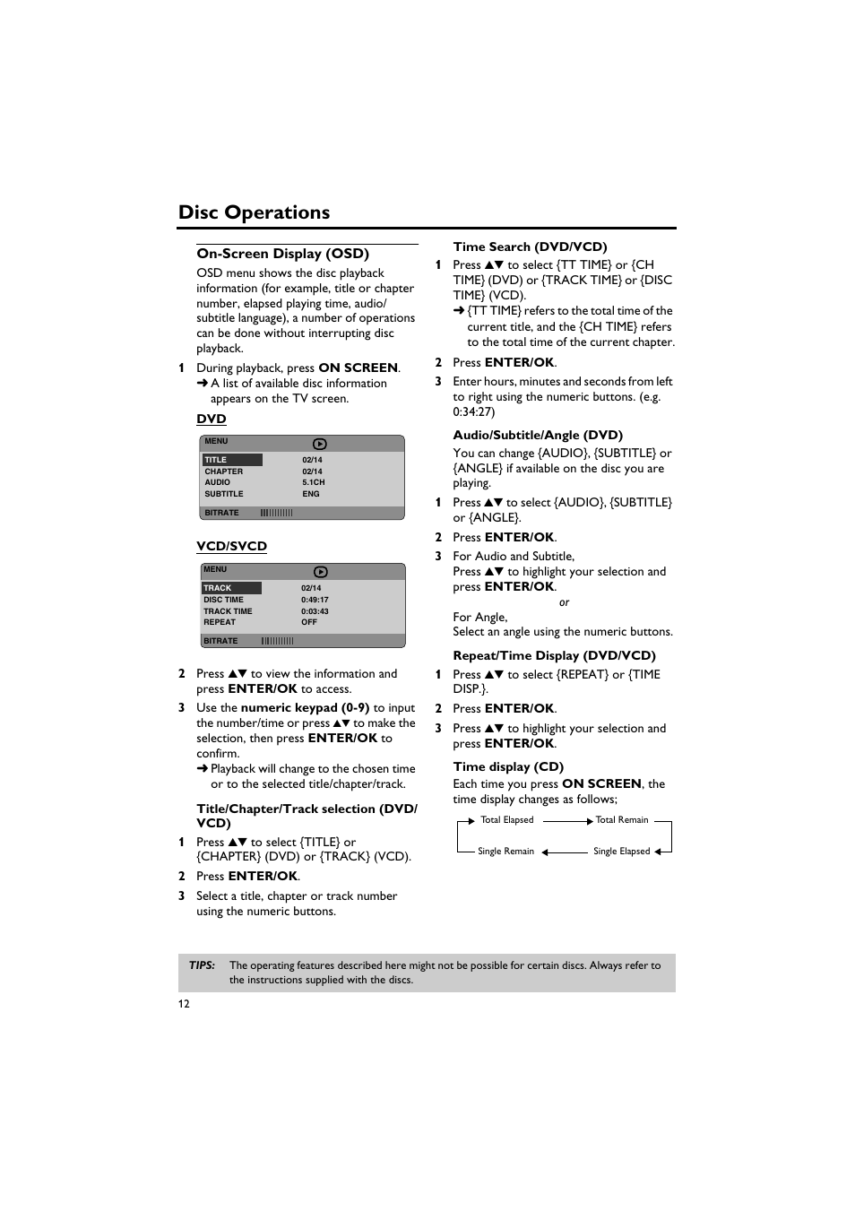 On-screen display (osd), Disc operations | Yamaha DV-S5750 User Manual | Page 16 / 36