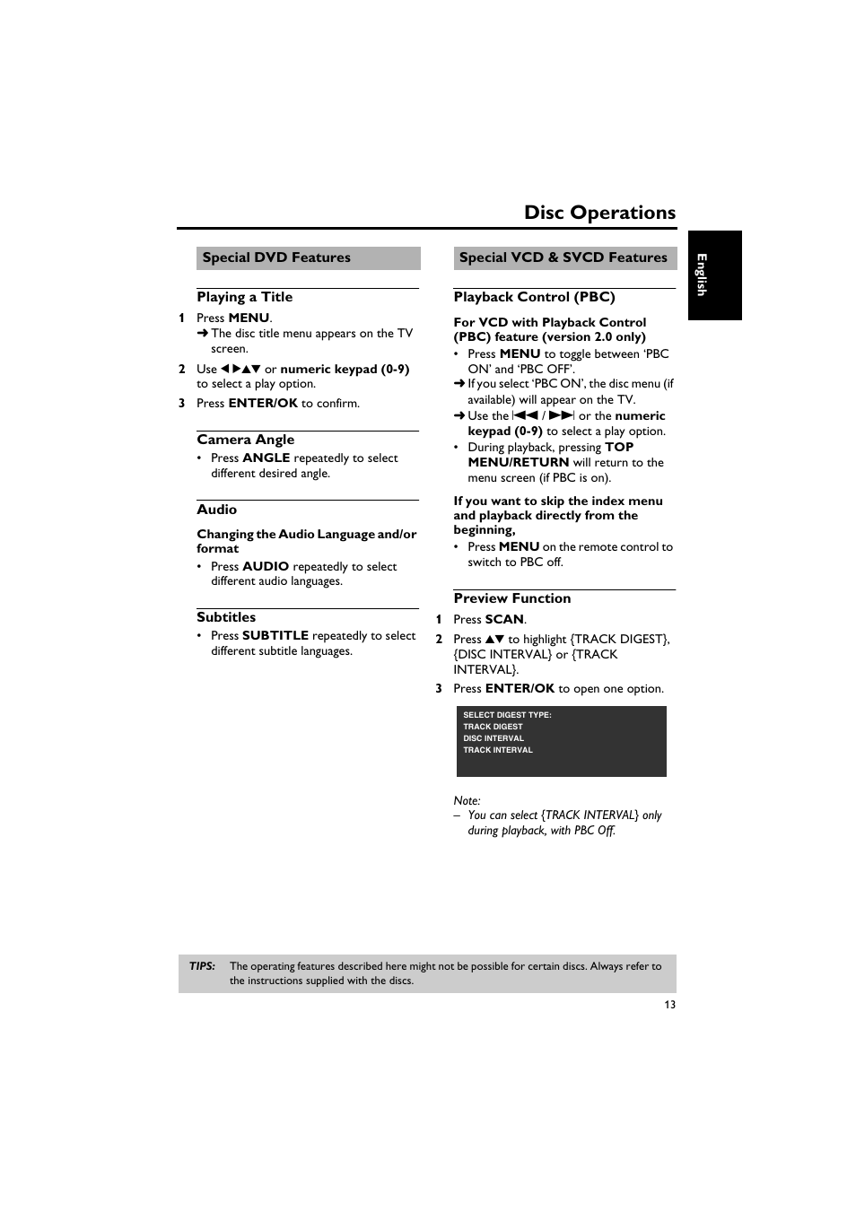 Special dvd features, Special vcd & svcd features, Playing a title camera angle audio subtitles | Playback control (pbc) preview function, Disc operations | Yamaha DV-S5750 User Manual | Page 17 / 36