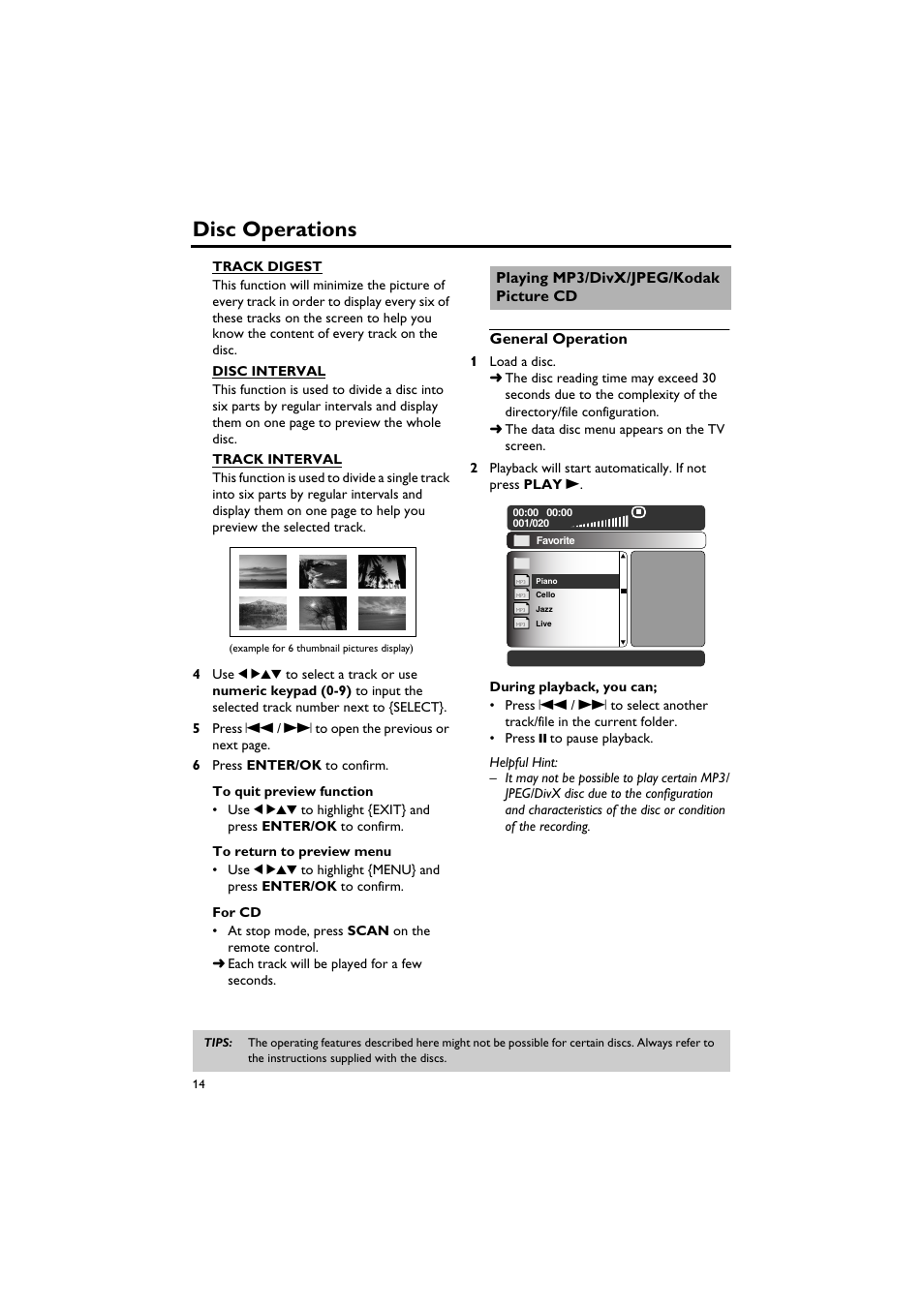 Playing mp3/divx/jpeg/kodak picture cd, General operation, Disc operations | Yamaha DV-S5750 User Manual | Page 18 / 36