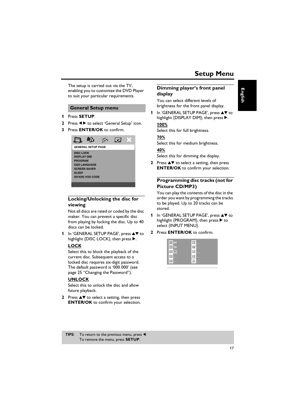 Setup menu, General setup menu, Locking/unlocking the disc for viewing | Dimming player’s front panel display, Programming disc tracks (not for picture cd/mp3) | Yamaha DV-S5750 User Manual | Page 21 / 36