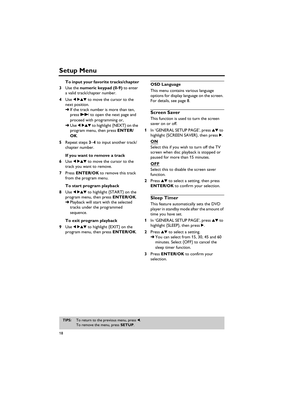 Osd language screen saver sleep timer, Setup menu | Yamaha DV-S5750 User Manual | Page 22 / 36