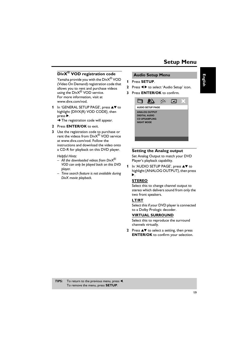 Audio setup menu, Divx, Vod registration code | Setting the analog output, Setup menu | Yamaha DV-S5750 User Manual | Page 23 / 36