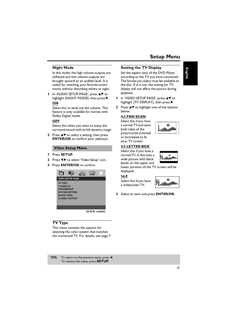 Video setup menu, Night mode, Tv type setting the tv display | Setup menu | Yamaha DV-S5750 User Manual | Page 25 / 36