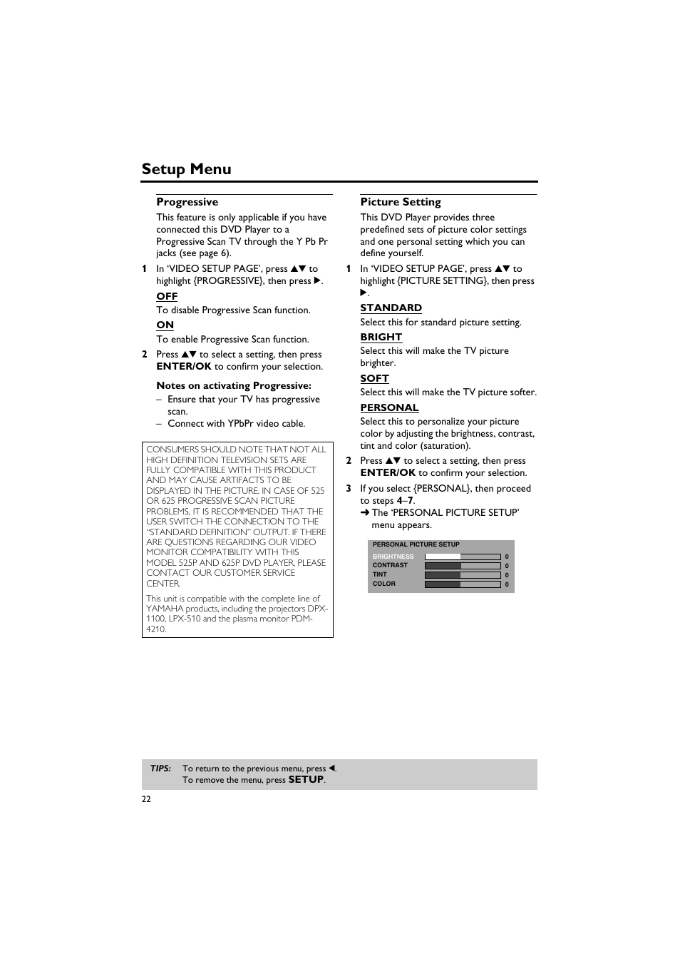 Progressive picture setting, Setup menu | Yamaha DV-S5750 User Manual | Page 26 / 36