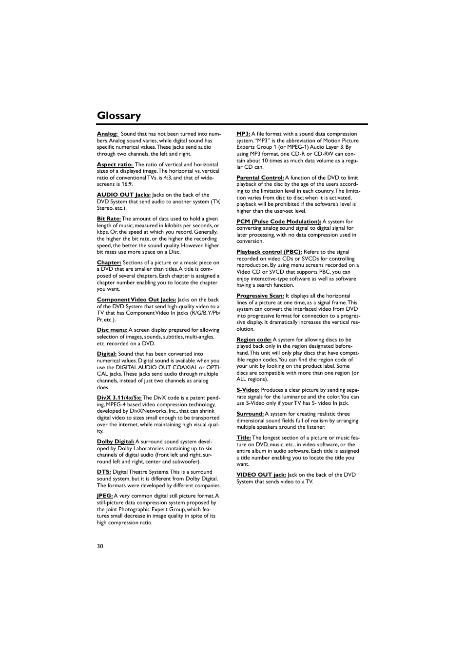 Glossary | Yamaha DV-S5750 User Manual | Page 34 / 36