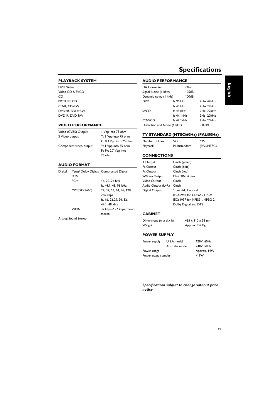 Specifications | Yamaha DV-S5750 User Manual | Page 35 / 36