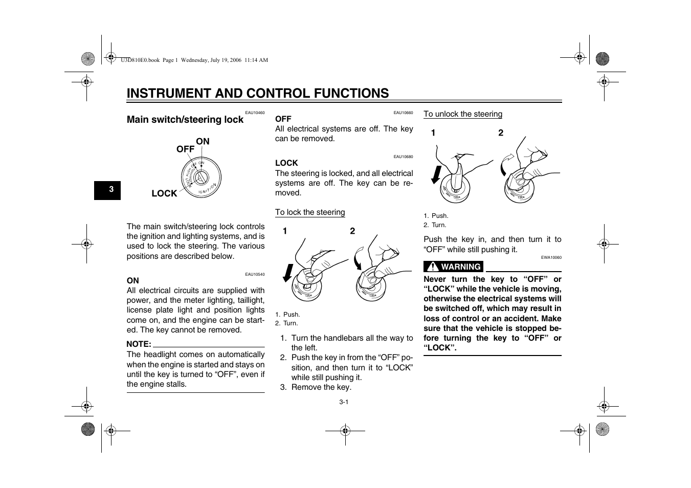 Chapter 3 instrument and control functions, Instrument and control functions, Main switch/steering lock -1 | Yamaha XVS13AW(C) User Manual | Page 18 / 97