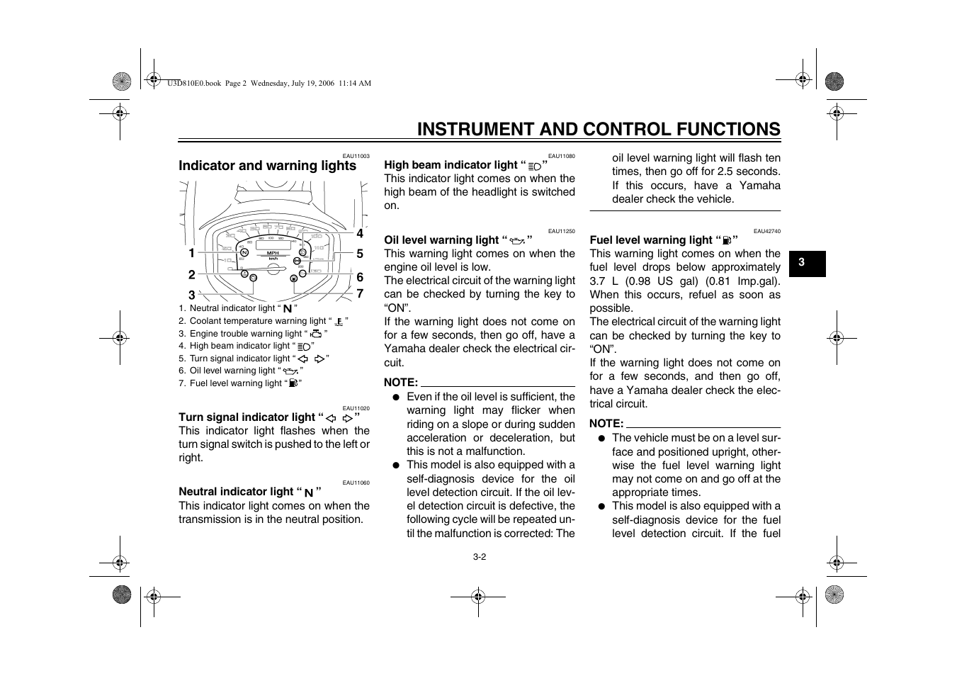 Indicator and warning lights -2, Instrument and control functions, Indicator and warning lights | Yamaha XVS13AW(C) User Manual | Page 19 / 97