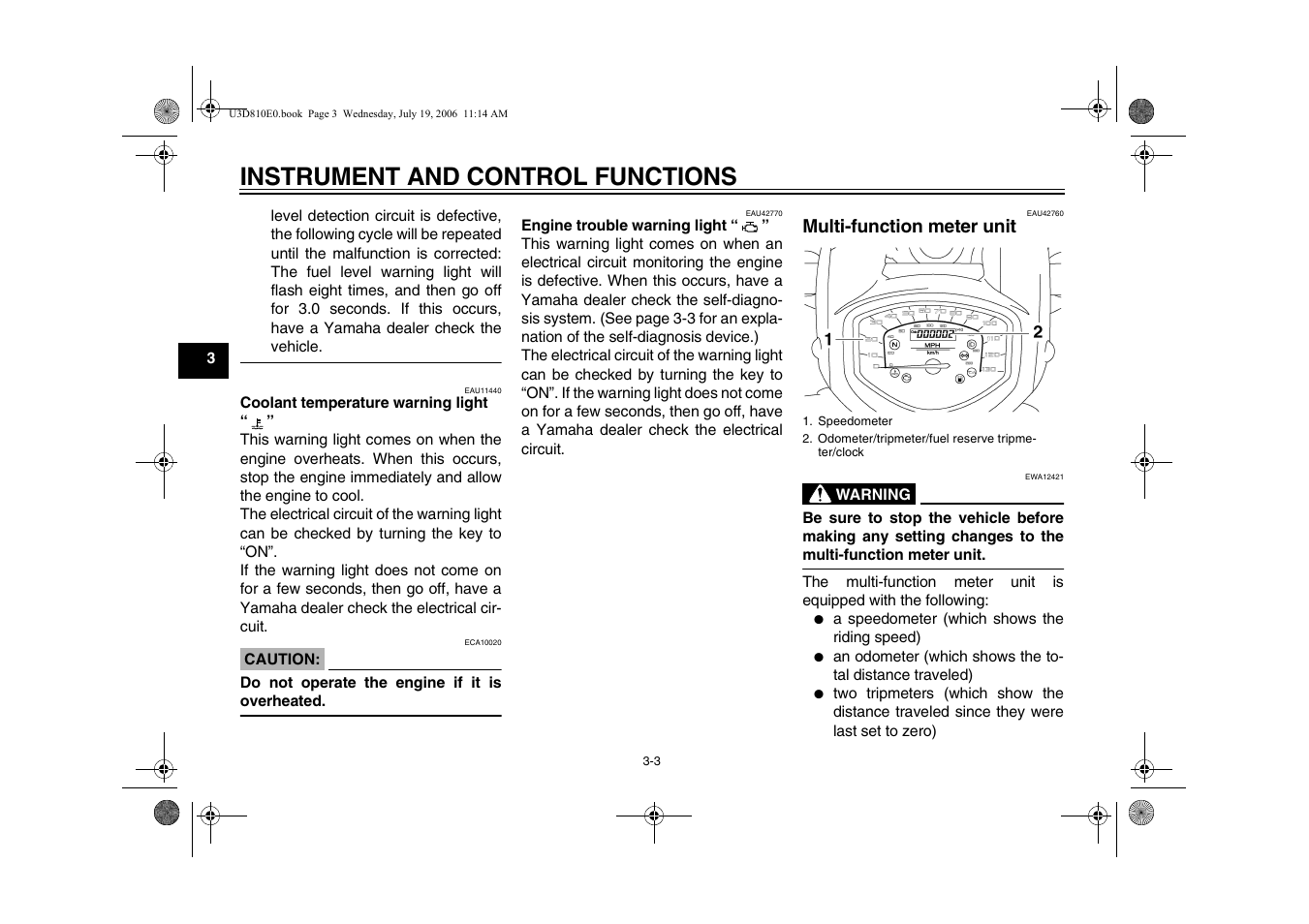 Multi-function meter unit -3, Instrument and control functions, Multi-function meter unit | Yamaha XVS13AW(C) User Manual | Page 20 / 97