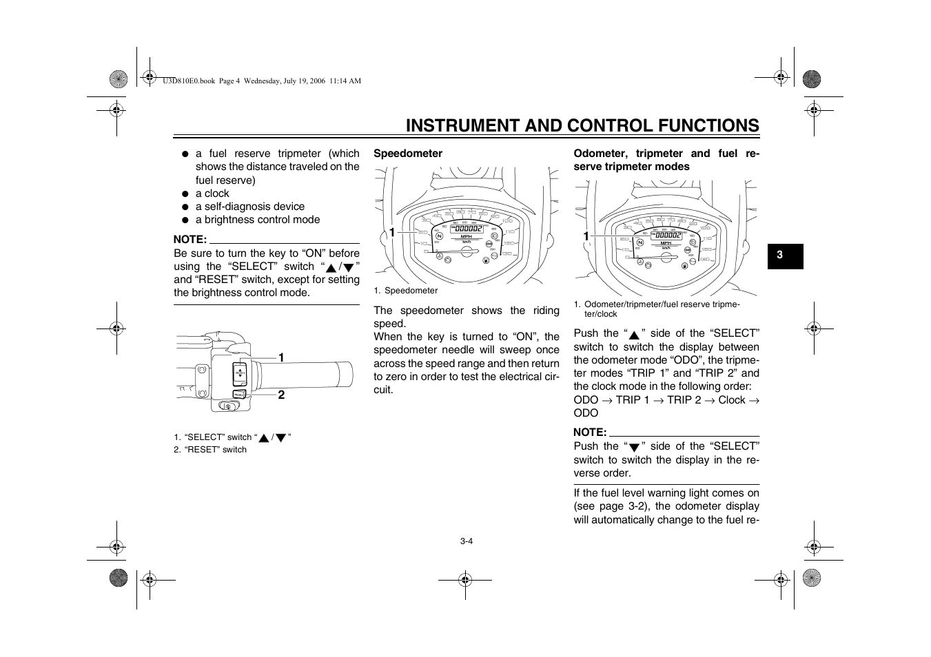 Instrument and control functions | Yamaha XVS13AW(C) User Manual | Page 21 / 97
