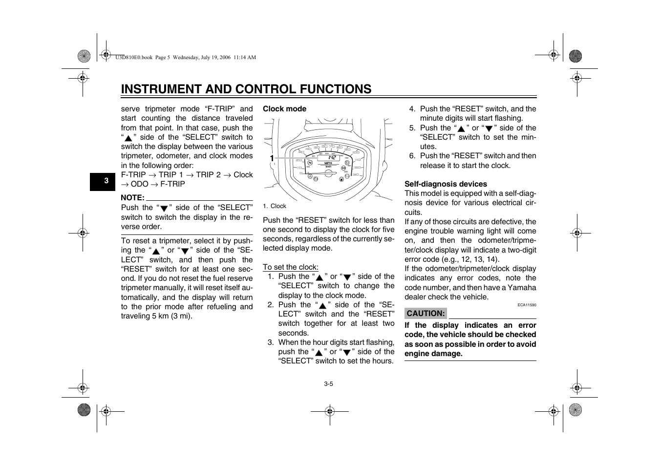 Instrument and control functions | Yamaha XVS13AW(C) User Manual | Page 22 / 97