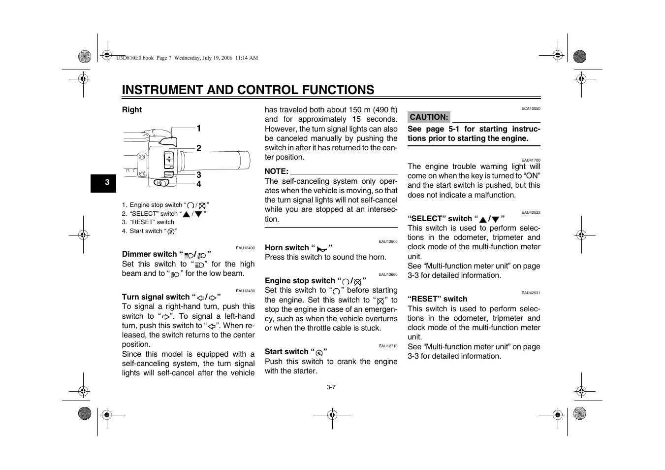 Instrument and control functions | Yamaha XVS13AW(C) User Manual | Page 24 / 97