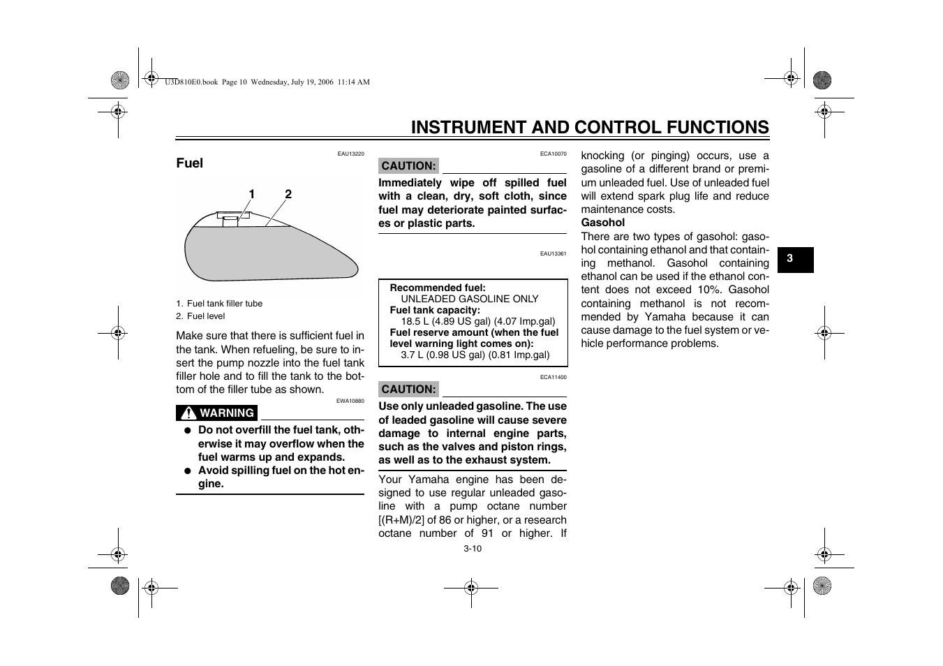 Fuel -10, Instrument and control functions, Fuel | Yamaha XVS13AW(C) User Manual | Page 27 / 97