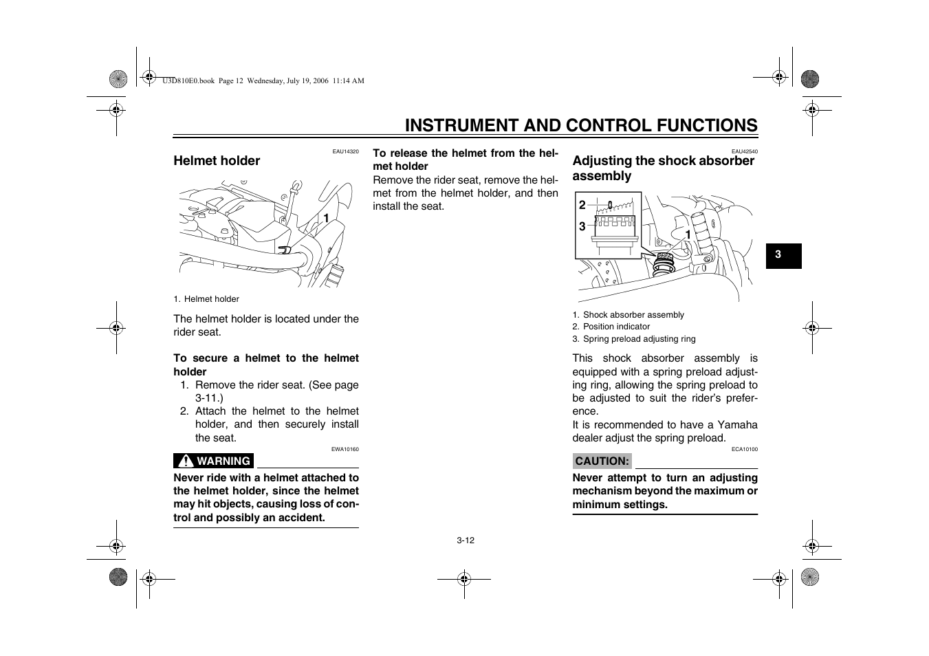 Helmet holder -12 adjusting the shock absorber, Assembly -12, Instrument and control functions | Yamaha XVS13AW(C) User Manual | Page 29 / 97