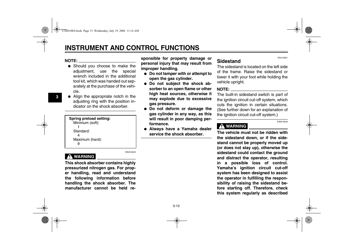 Sidestand -13, Instrument and control functions | Yamaha XVS13AW(C) User Manual | Page 30 / 97