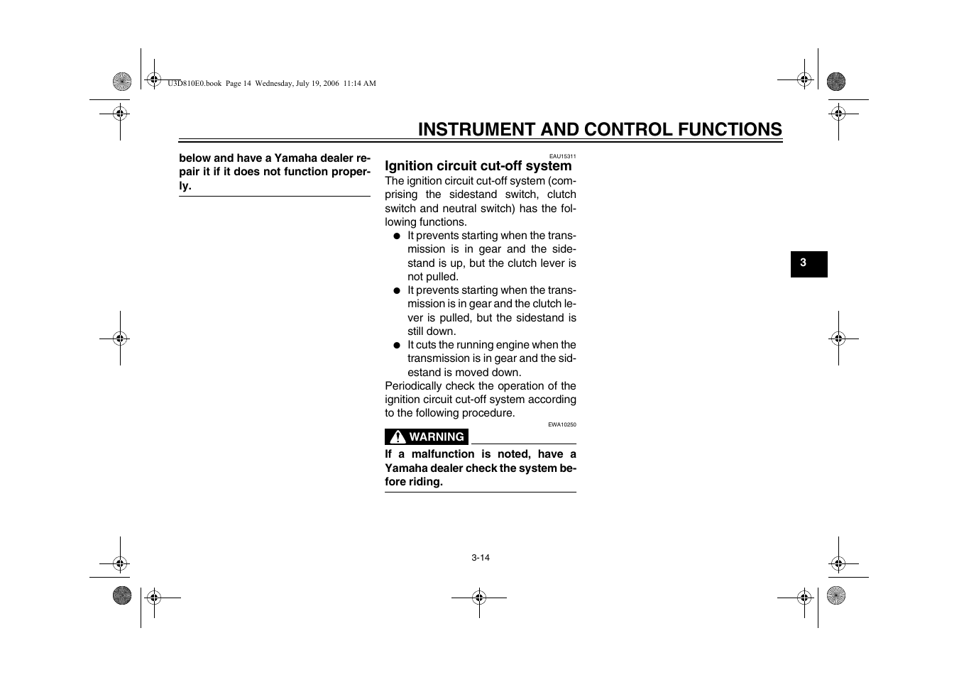 Ignition circuit cut-off system -14, Instrument and control functions | Yamaha XVS13AW(C) User Manual | Page 31 / 97