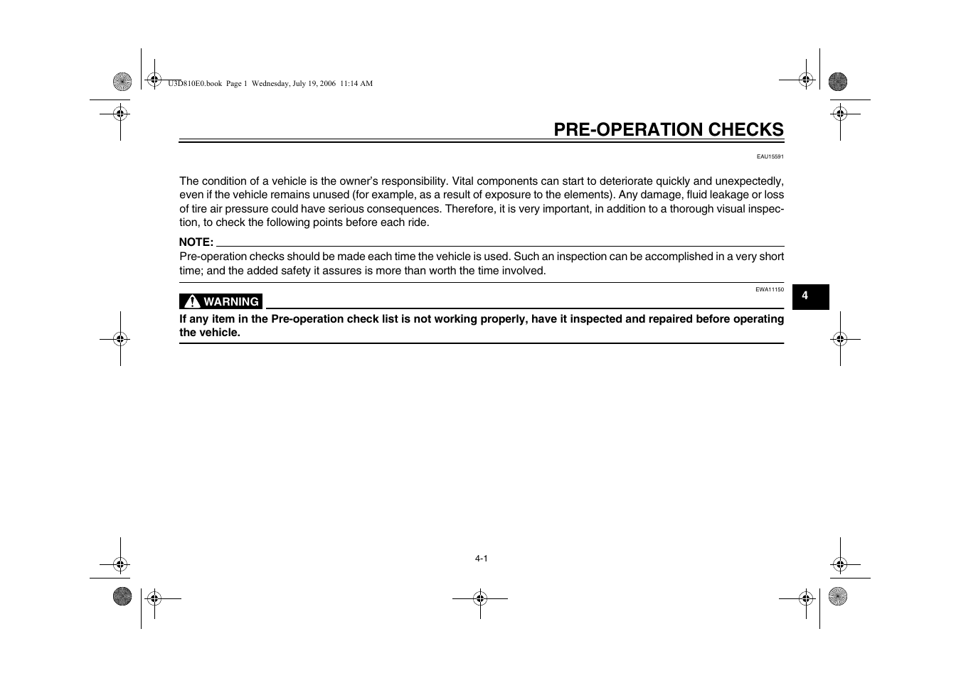 Chapter 4 pre-operation checks, Pre-operation checks | Yamaha XVS13AW(C) User Manual | Page 33 / 97