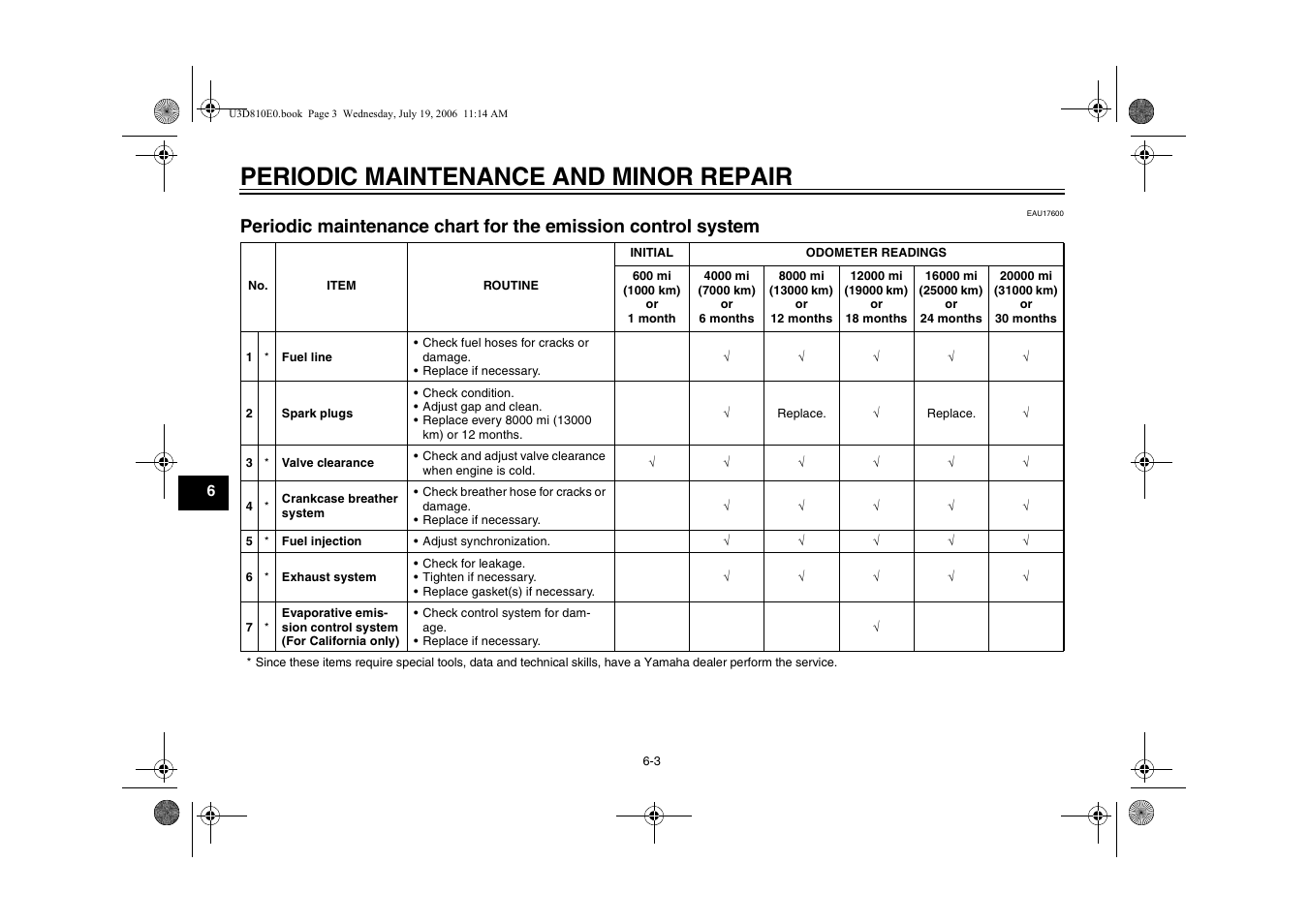Periodic maintenance chart for the, Emission control system -3, Periodic maintenance and minor repair | Yamaha XVS13AW(C) User Manual | Page 42 / 97