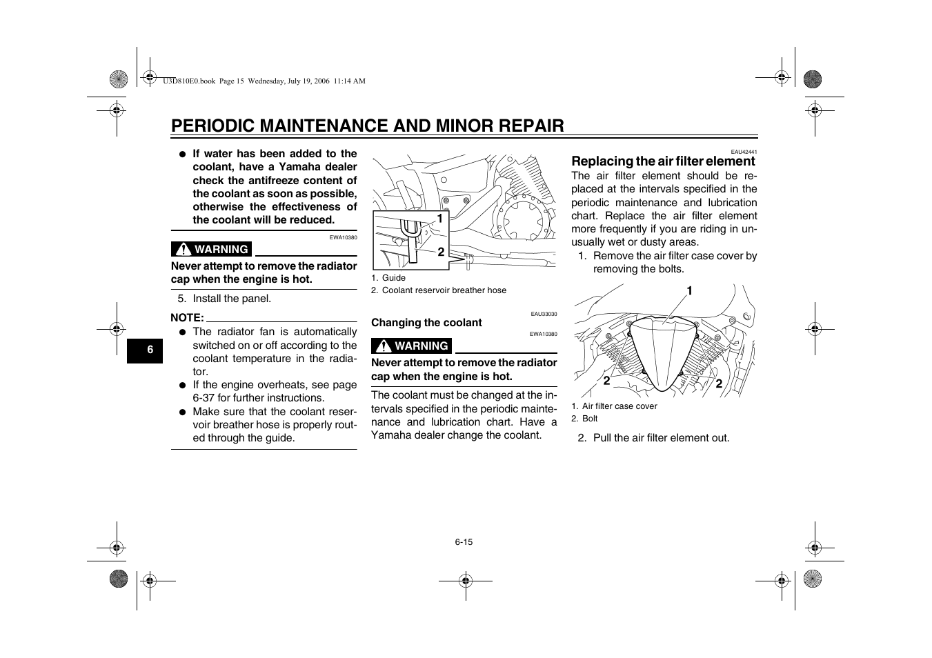 Replacing the air filter element -15, Periodic maintenance and minor repair | Yamaha XVS13AW(C) User Manual | Page 54 / 97