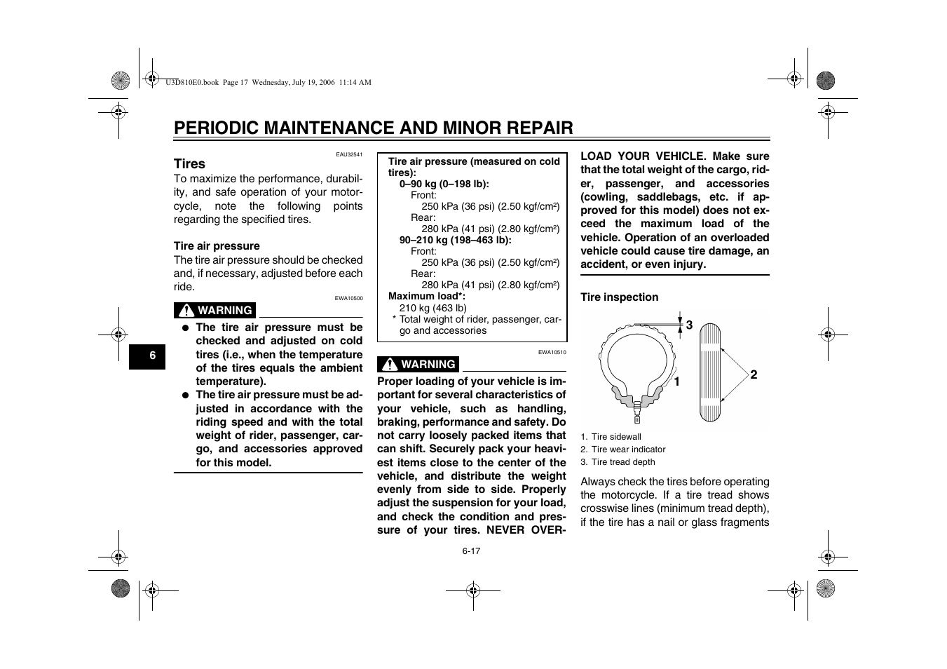 Tires -17, Periodic maintenance and minor repair | Yamaha XVS13AW(C) User Manual | Page 56 / 97