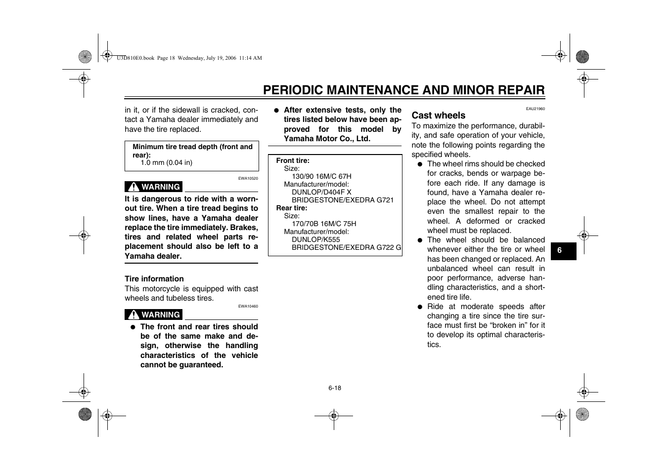 Cast wheels -18, Periodic maintenance and minor repair | Yamaha XVS13AW(C) User Manual | Page 57 / 97