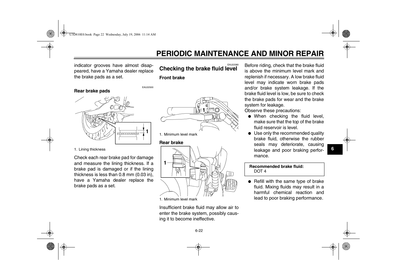 Checking the brake fluid level -22, Ge 6-22), Periodic maintenance and minor repair | Yamaha XVS13AW(C) User Manual | Page 61 / 97