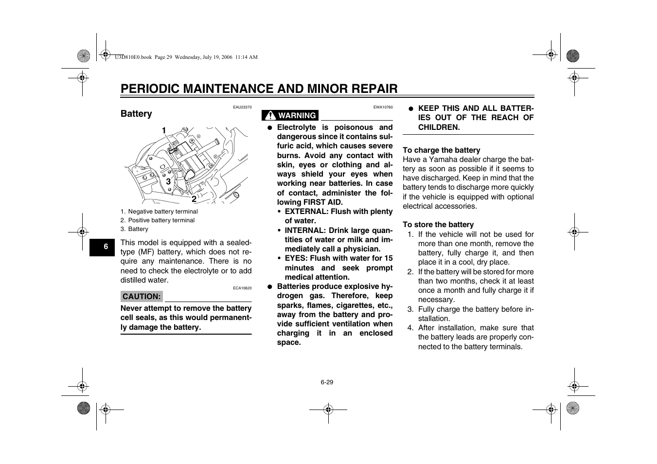 Battery -29, Periodic maintenance and minor repair | Yamaha XVS13AW(C) User Manual | Page 68 / 97