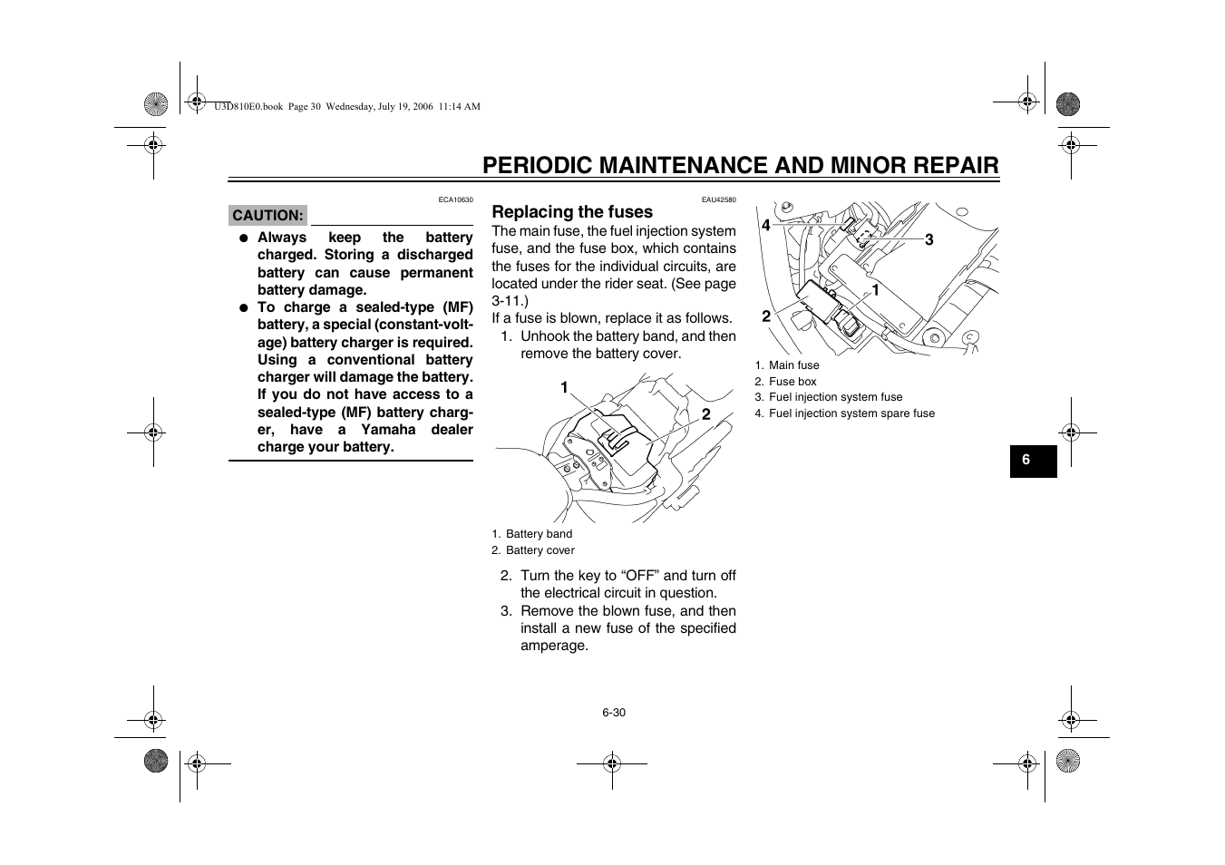 Replacing the fuses -30, Age 6-30, Periodic maintenance and minor repair | Yamaha XVS13AW(C) User Manual | Page 69 / 97