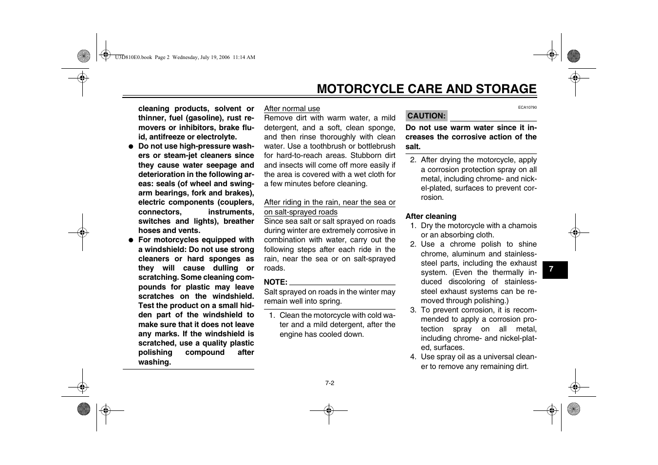 Motorcycle care and storage | Yamaha XVS13AW(C) User Manual | Page 79 / 97