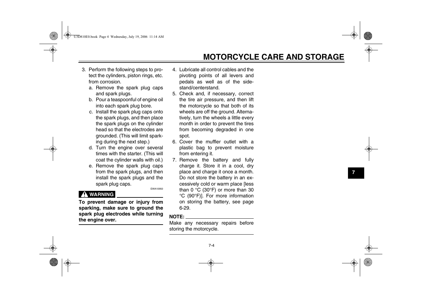 Motorcycle care and storage | Yamaha XVS13AW(C) User Manual | Page 81 / 97