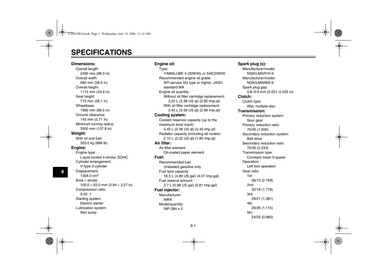Chapter 8 specifications, Specifications | Yamaha XVS13AW(C) User Manual | Page 82 / 97