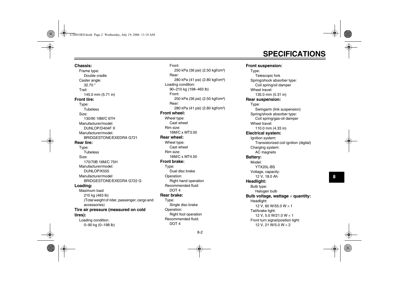 Specifications | Yamaha XVS13AW(C) User Manual | Page 83 / 97