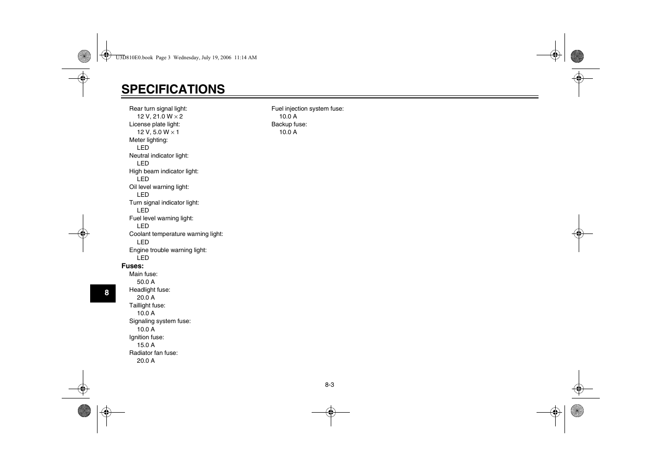 Specifications | Yamaha XVS13AW(C) User Manual | Page 84 / 97