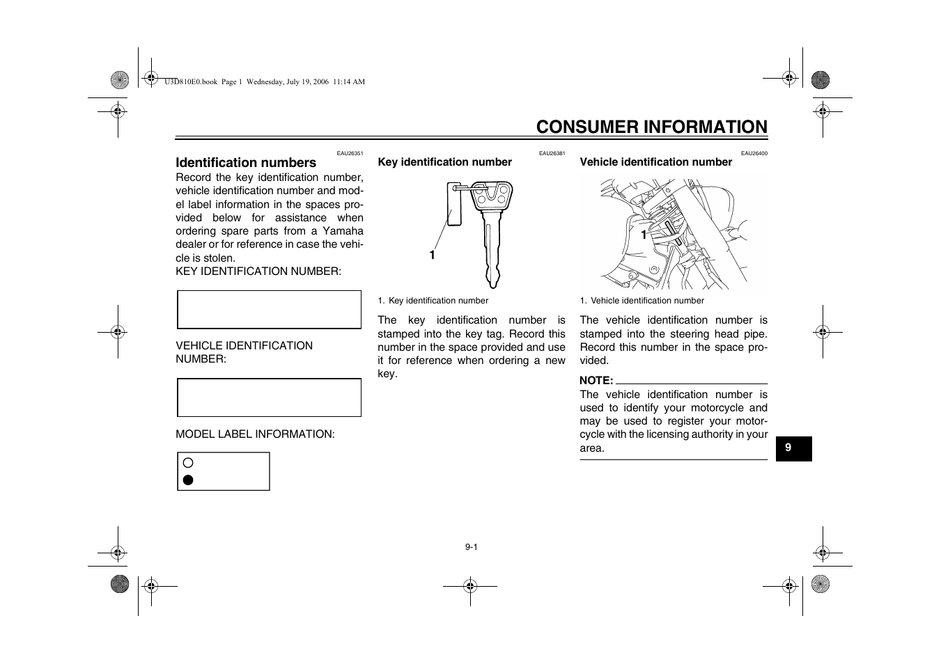 Chapter 9 consumer information, Identification numbers, Consumer information | Identification numbers -1 | Yamaha XVS13AW(C) User Manual | Page 85 / 97