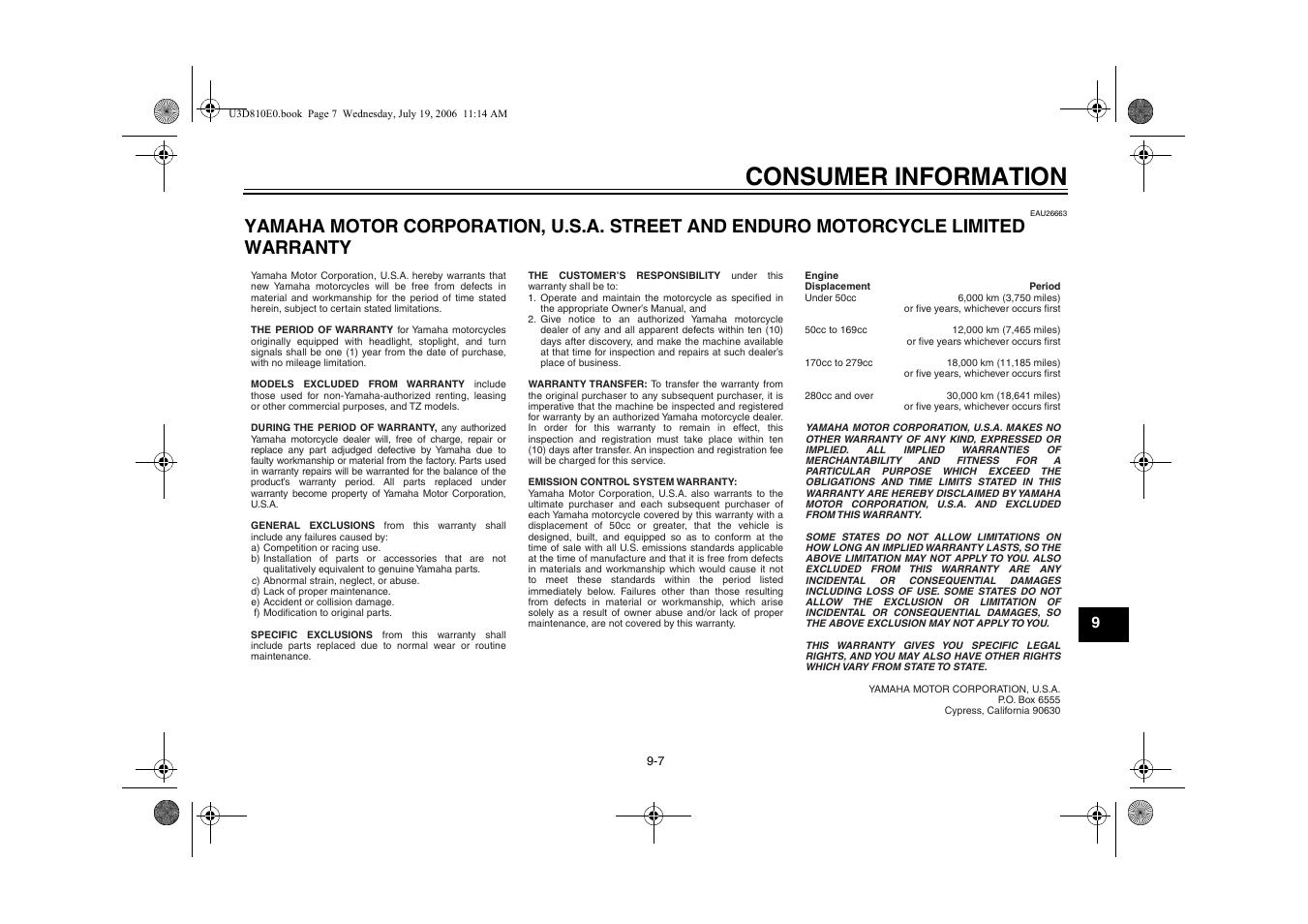 Warranty, Yamaha motor corporation, Consumer information | Yamaha XVS13AW(C) User Manual | Page 91 / 97