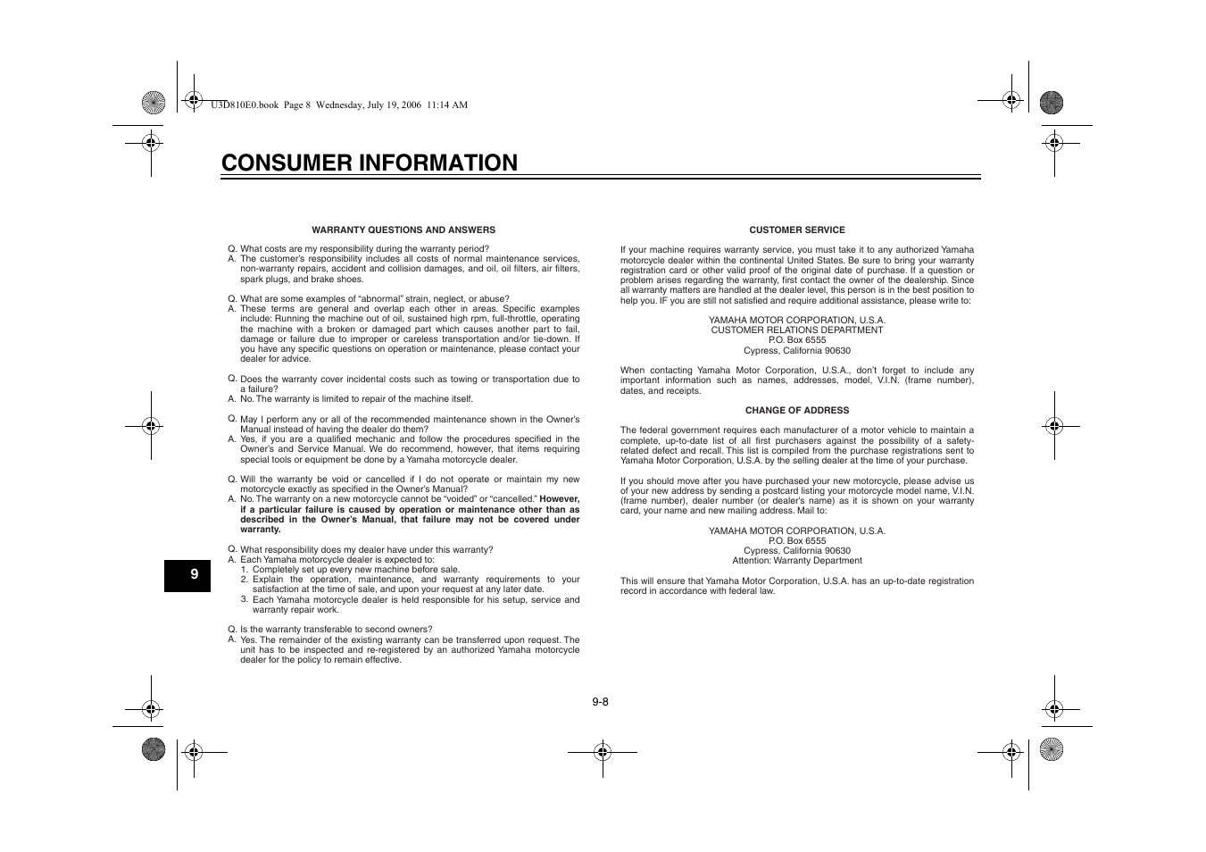 Consumer information | Yamaha XVS13AW(C) User Manual | Page 92 / 97