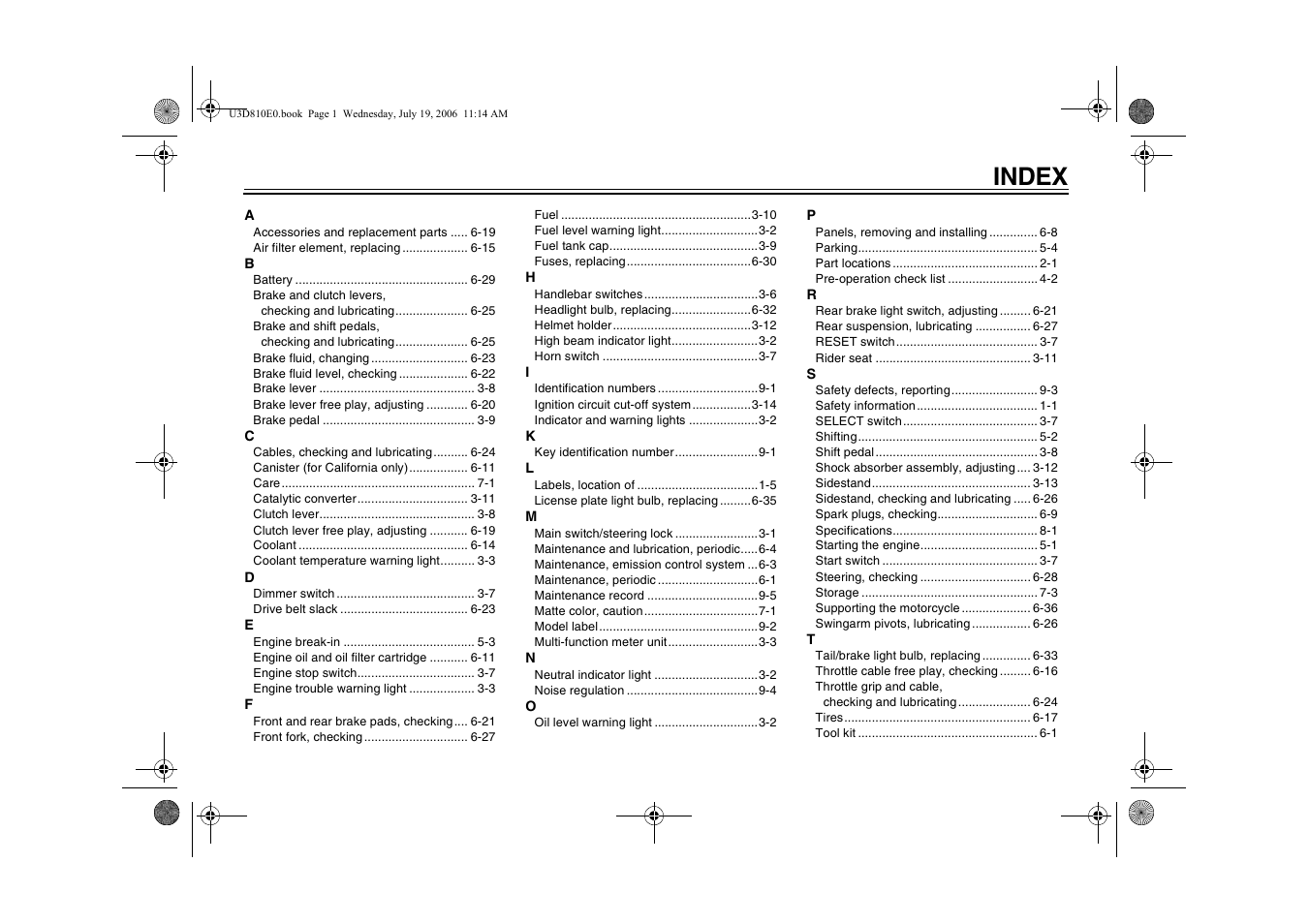 Index | Yamaha XVS13AW(C) User Manual | Page 95 / 97